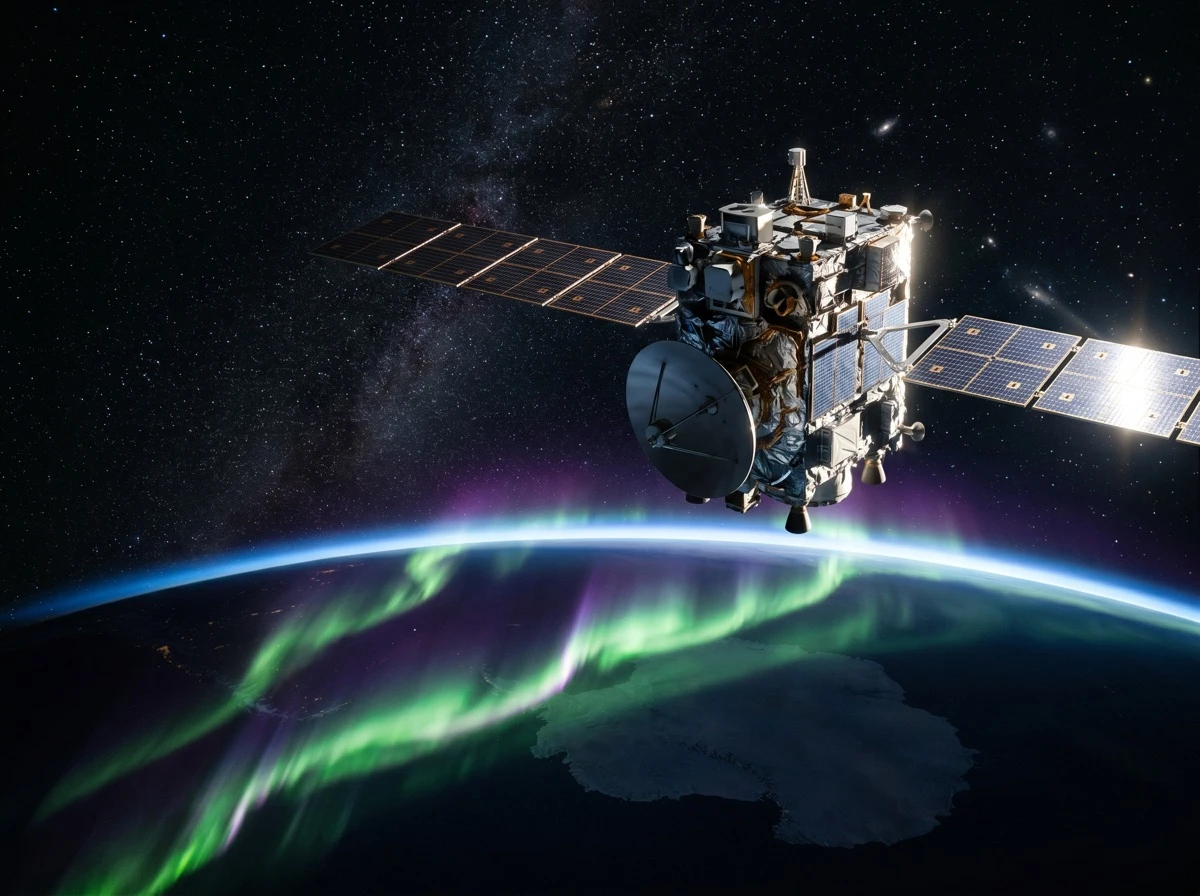 An Earth-observation satellite above the curved limb of the planet, aurora glowing across the atmosphere