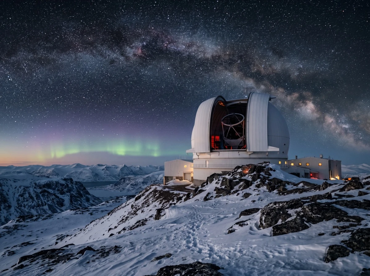 The observatory dome on a snow ridge under the Milky Way and a faint aurora