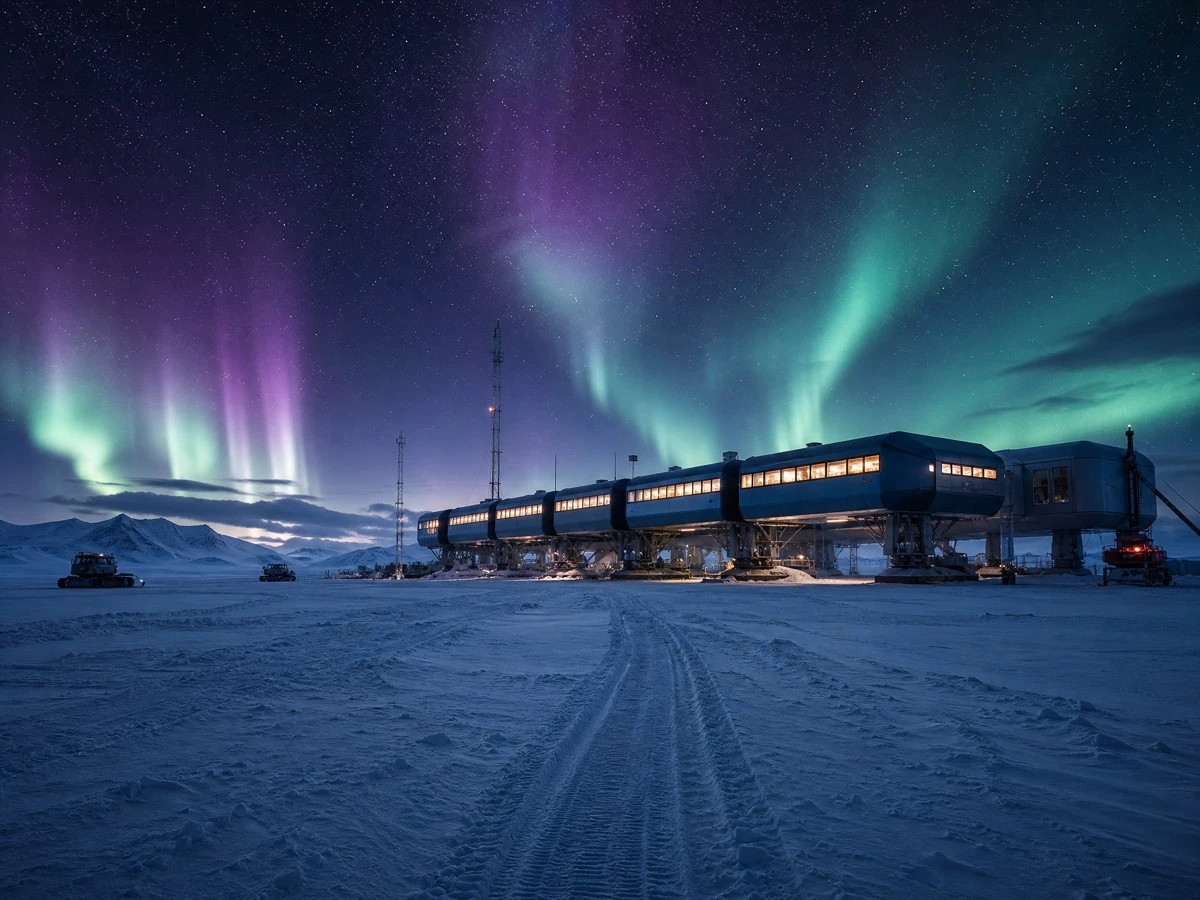 A large modern polar research station on stilts under a sweeping aurora
